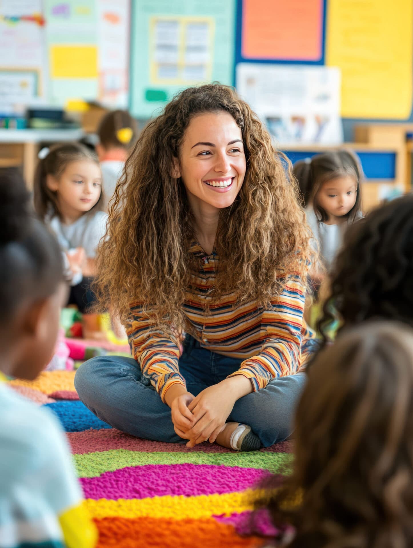 A Kids Cove teacher sitting with her students