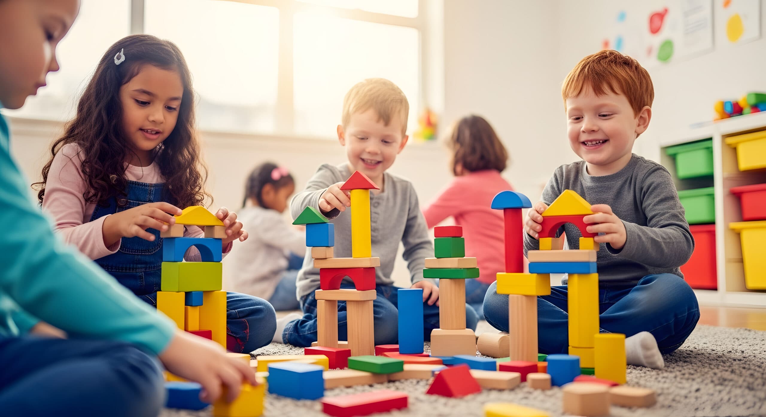 Children building towers with colourful wooden blocks on the classroom floor